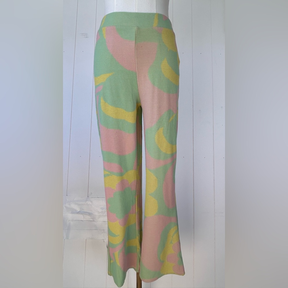 Zara Women’s Retro Swirl Print‎ Ribbed Knit Flare Pants Hi-Waist Pull On Small